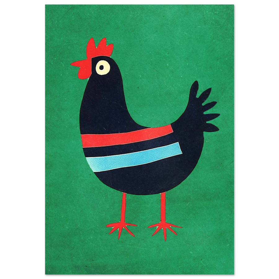 Svart tupp med röda ränder mot smaragdgrön bakgrund, grafisk poster