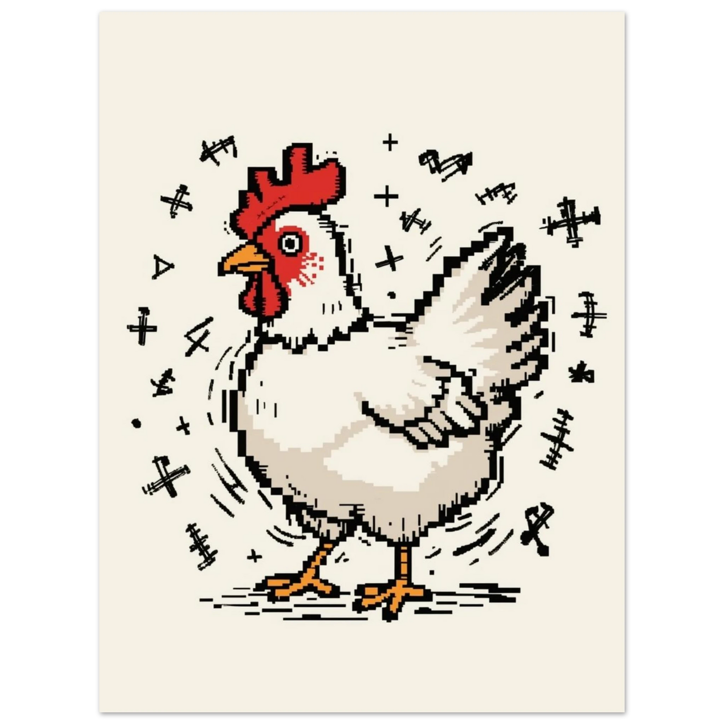 Vit höna i pixelgrafik med svarta grafiska symboler, lekfull väggkonst