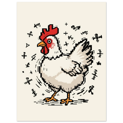 Vit höna i pixelgrafik med svarta grafiska symboler, lekfull väggkonst