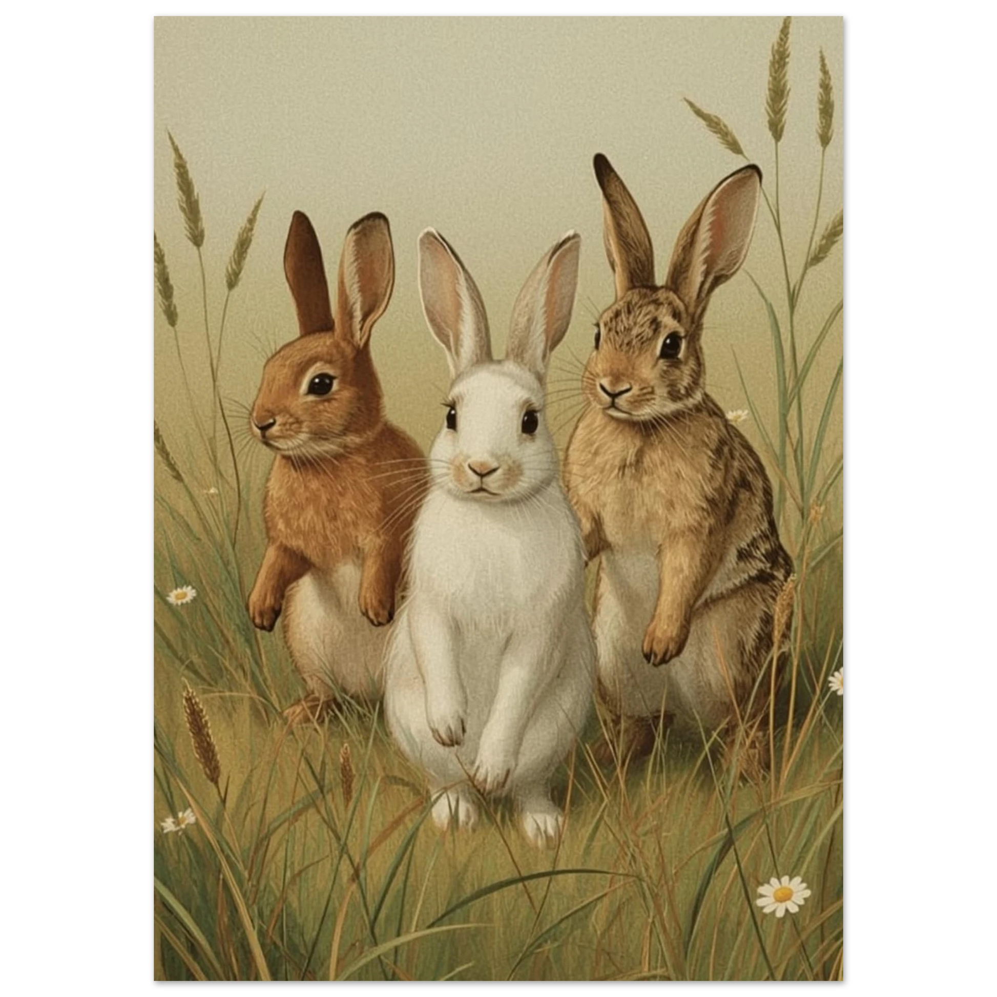 Affisch med tre kaniner i en detaljerad grönskande miljö – Målad poster