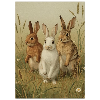 Affisch med tre kaniner i en detaljerad grönskande miljö – Målad poster