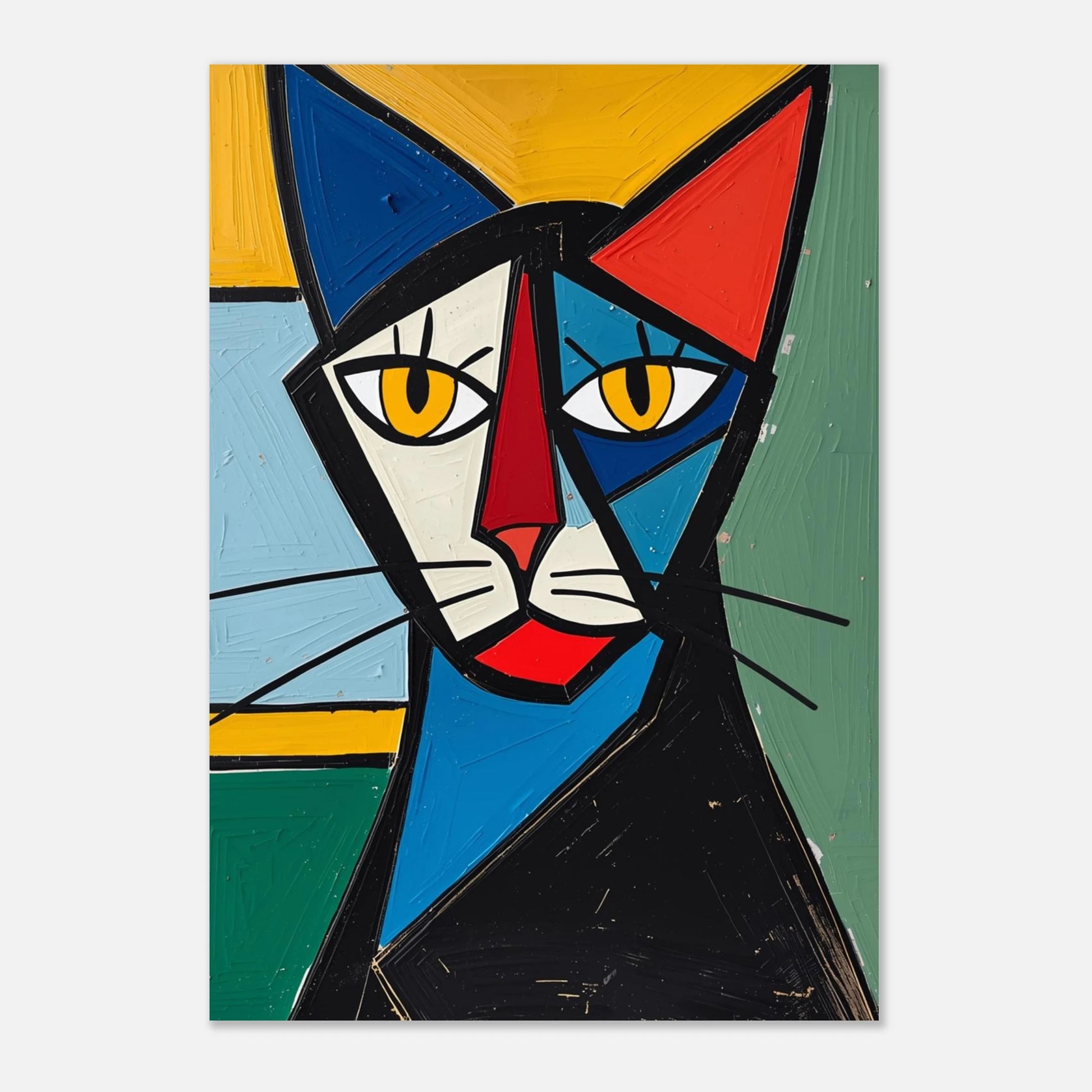 Konstnärligt kattporträtt med geometriska fält i gult och grönt på vit bakgrund