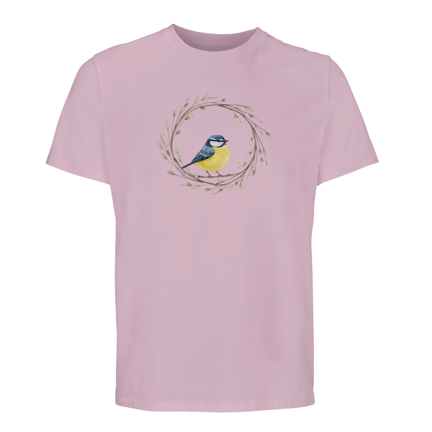 Ljusrosa t-shirt med en liten blåmes sittande i en kvistkrans