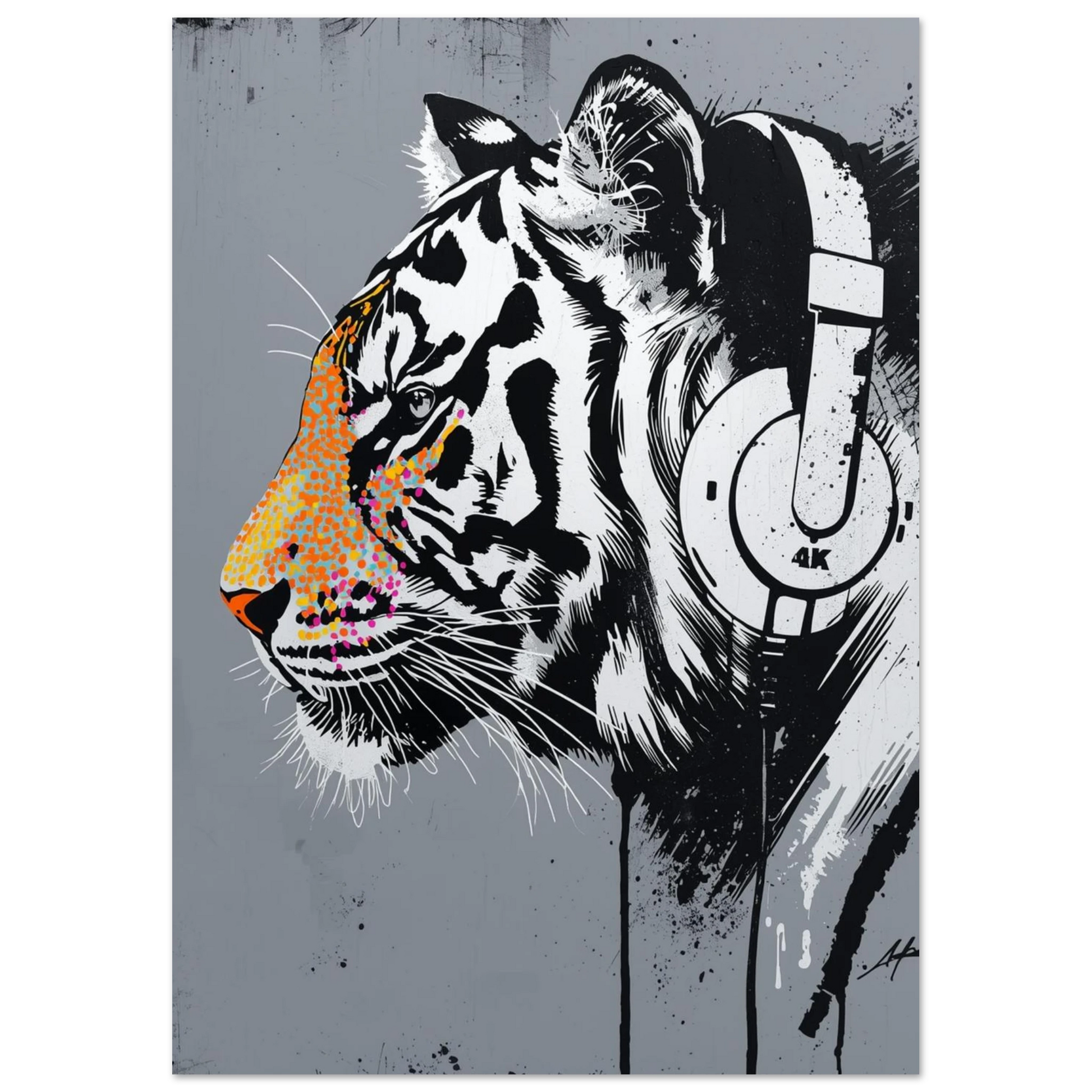 Cool tiger i profil med hörlurar, graffiti-inspirerat djurmotiv för vägg
