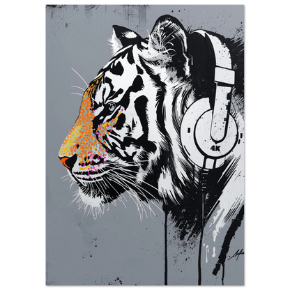 Cool tiger i profil med hörlurar, graffiti-inspirerat djurmotiv för vägg
