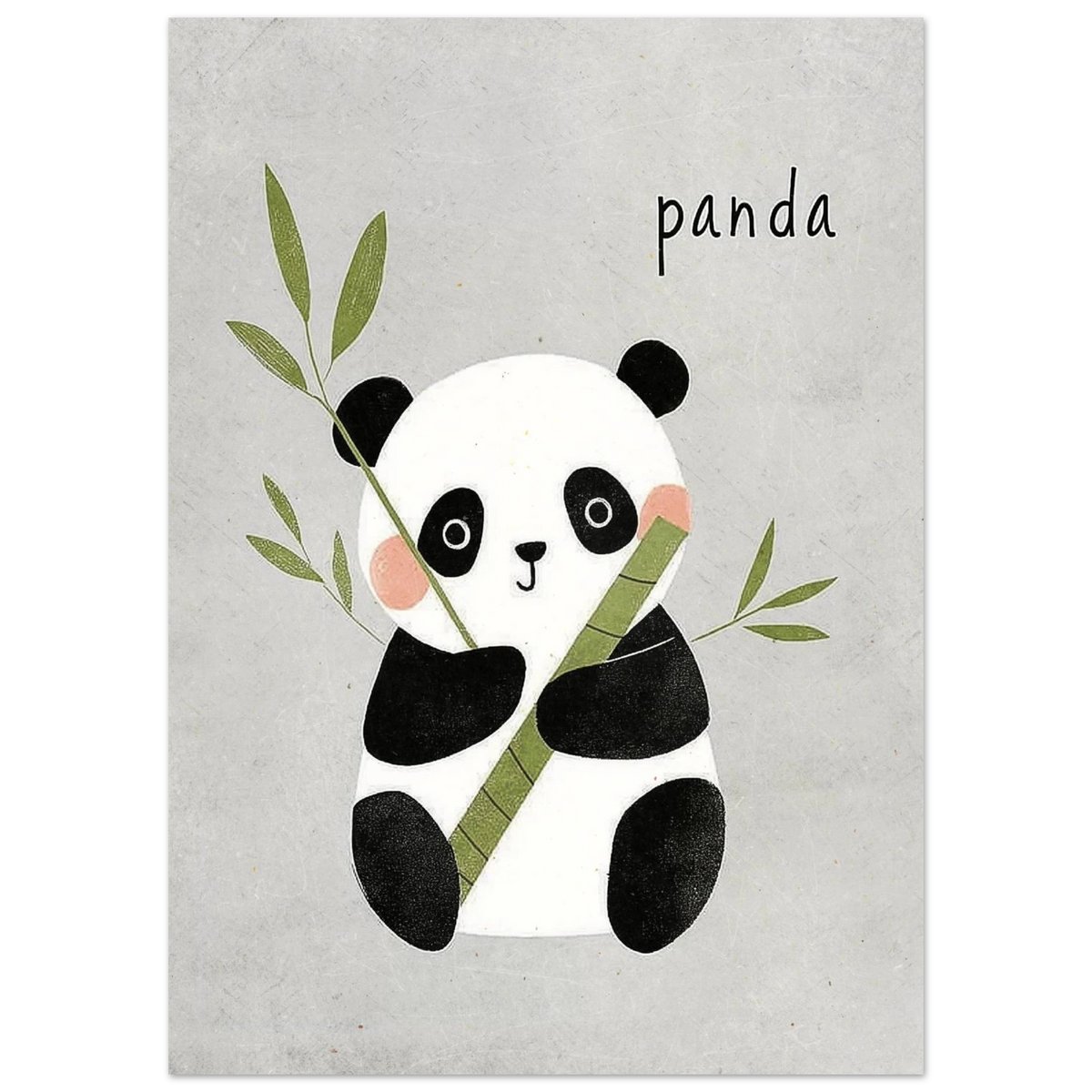 Närbild på illustrerad panda med rosa kinder och grön bambustam