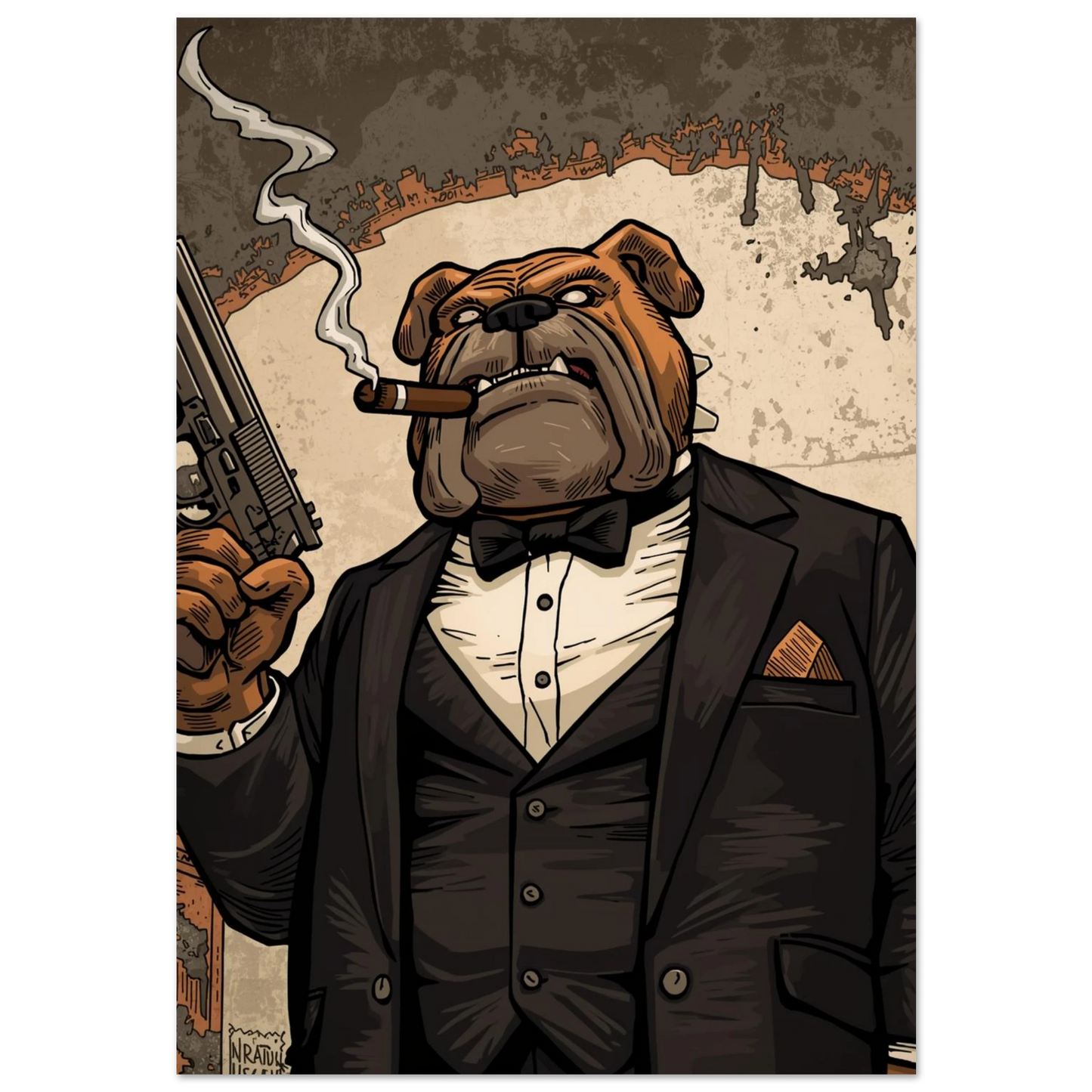 Engelsk bulldogg som maffialedare i mörkbrun smoking – urban hundposter