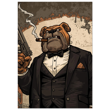 Engelsk bulldogg som maffialedare i mörkbrun smoking – urban hundposter