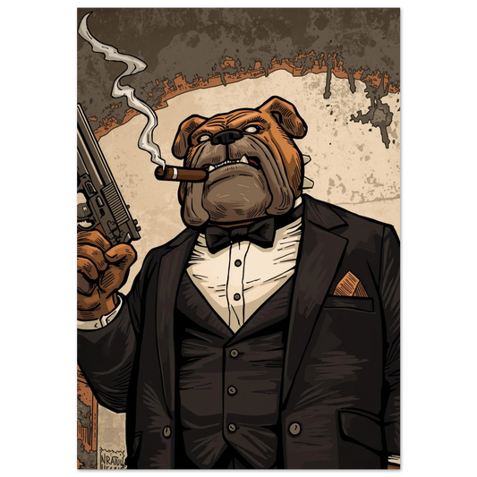 Engelsk bulldogg som maffialedare i mörkbrun smoking – urban hundposter