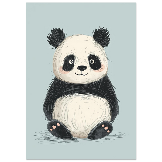 Söt sittande panda i handritad kritstil med ljusblå bakgrund