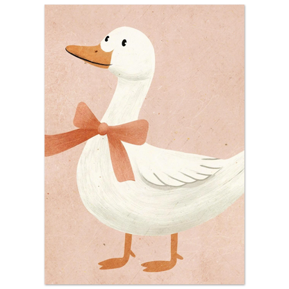 Närbild på illustrerad gås med dekorativ rosett i mjuk korallton