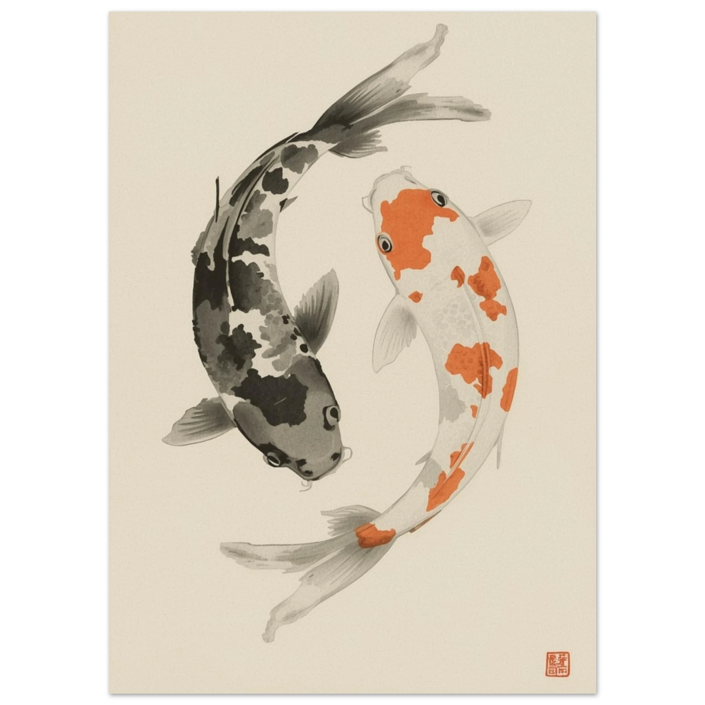 Inramad tavla med japanskt inspirerat motiv av fiskar – målad poster