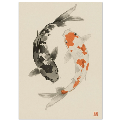 Inramad tavla med japanskt inspirerat motiv av fiskar – målad poster