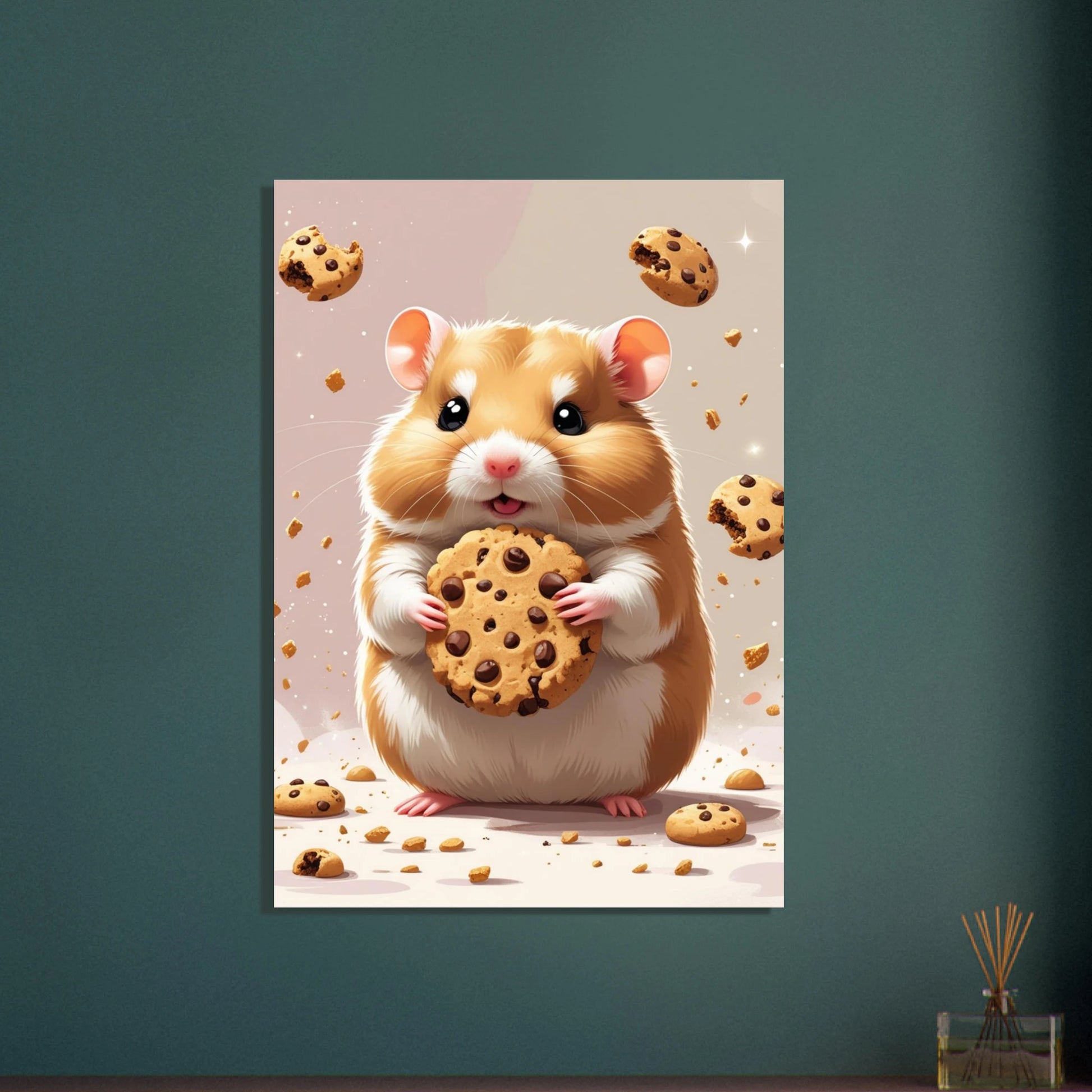 Söt hamster med stora ögon håller en gigantisk chokladkaka