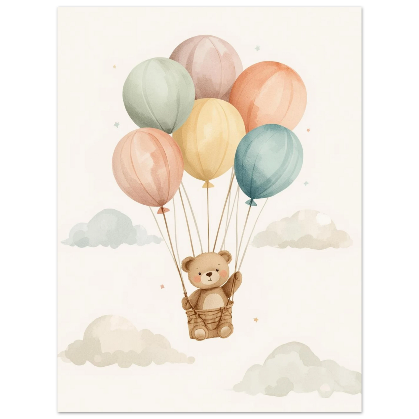 Nallebjörn på äventyr i himlen med ballonger, mjuk akvarellillustration