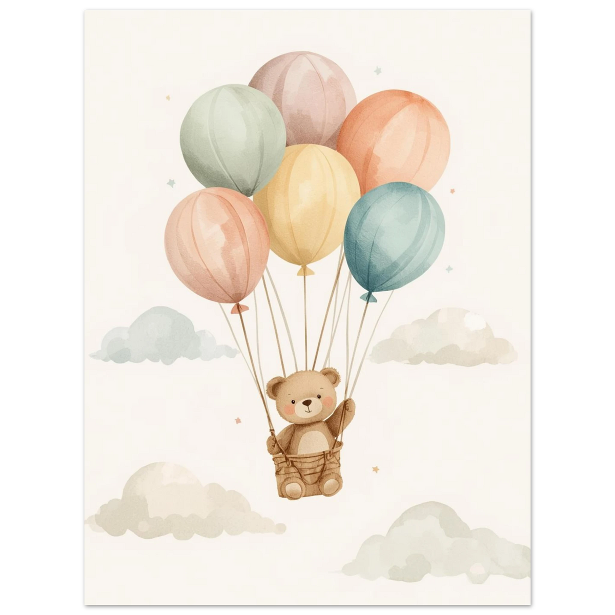 Nallebjörn på äventyr i himlen med ballonger, mjuk akvarellillustration