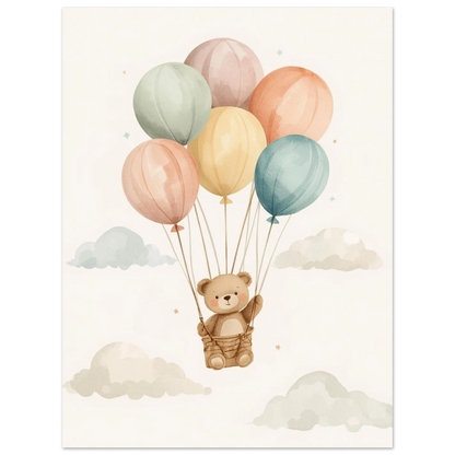 Nallebjörn på äventyr i himlen med ballonger, mjuk akvarellillustration