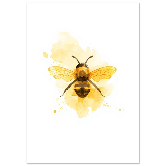 Flitigt honungsbi i gul akvarellstil med transparenta vingar och färgstänk