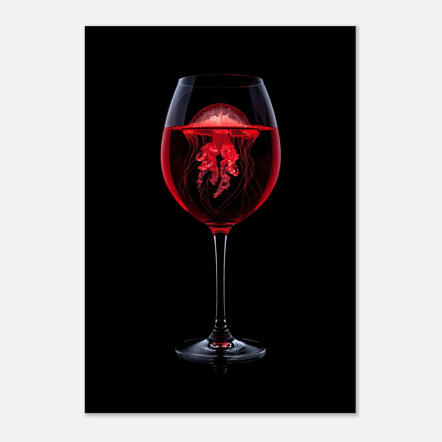 Konstnärligt tryck av en manet som simmar i ett glas, röd grafik