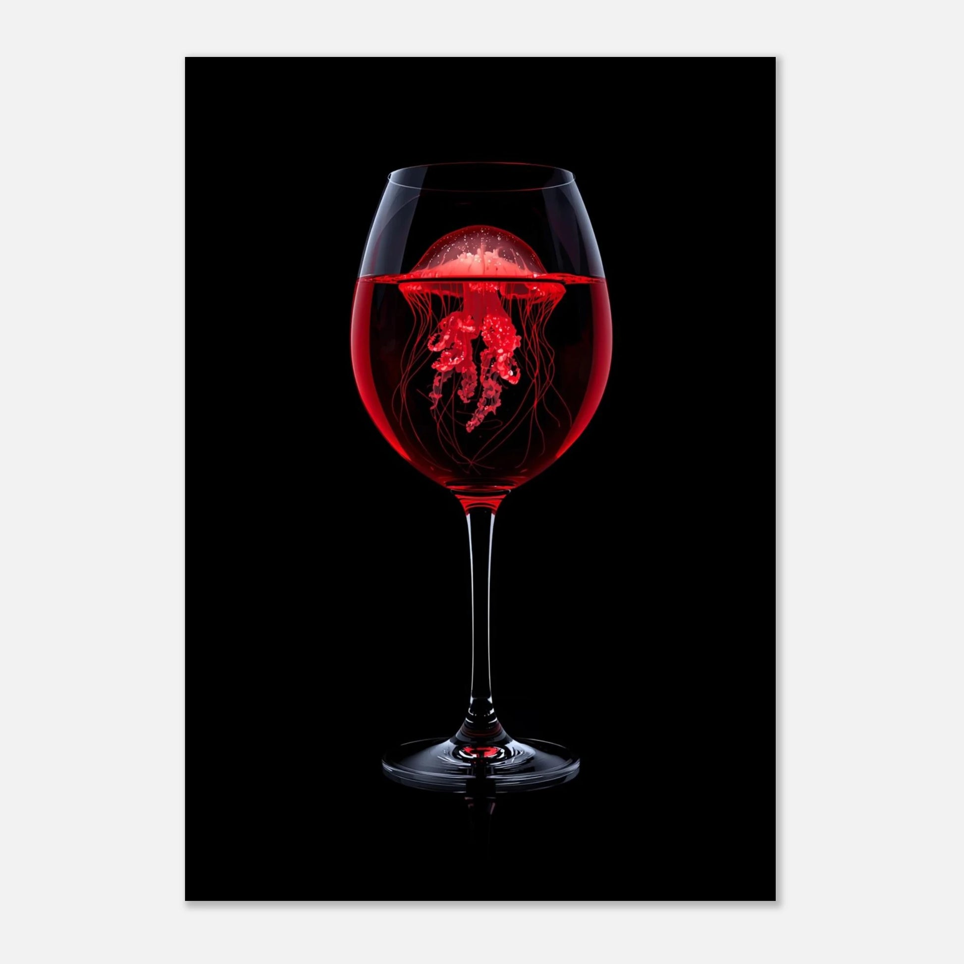 Konstnärligt tryck av en manet som simmar i ett glas, röd grafik