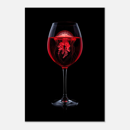 Konstnärligt tryck av en manet som simmar i ett glas, röd grafik