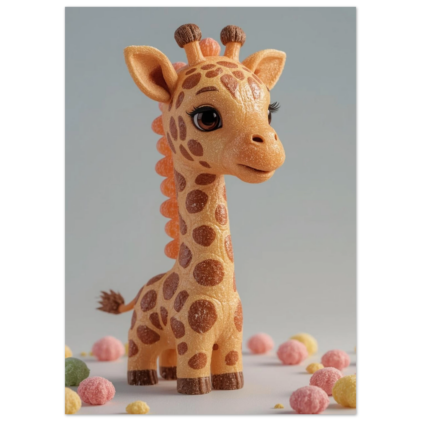 Godisinspirerad girafffigur i 3D-stil med glittrande detaljer och stora ögon
