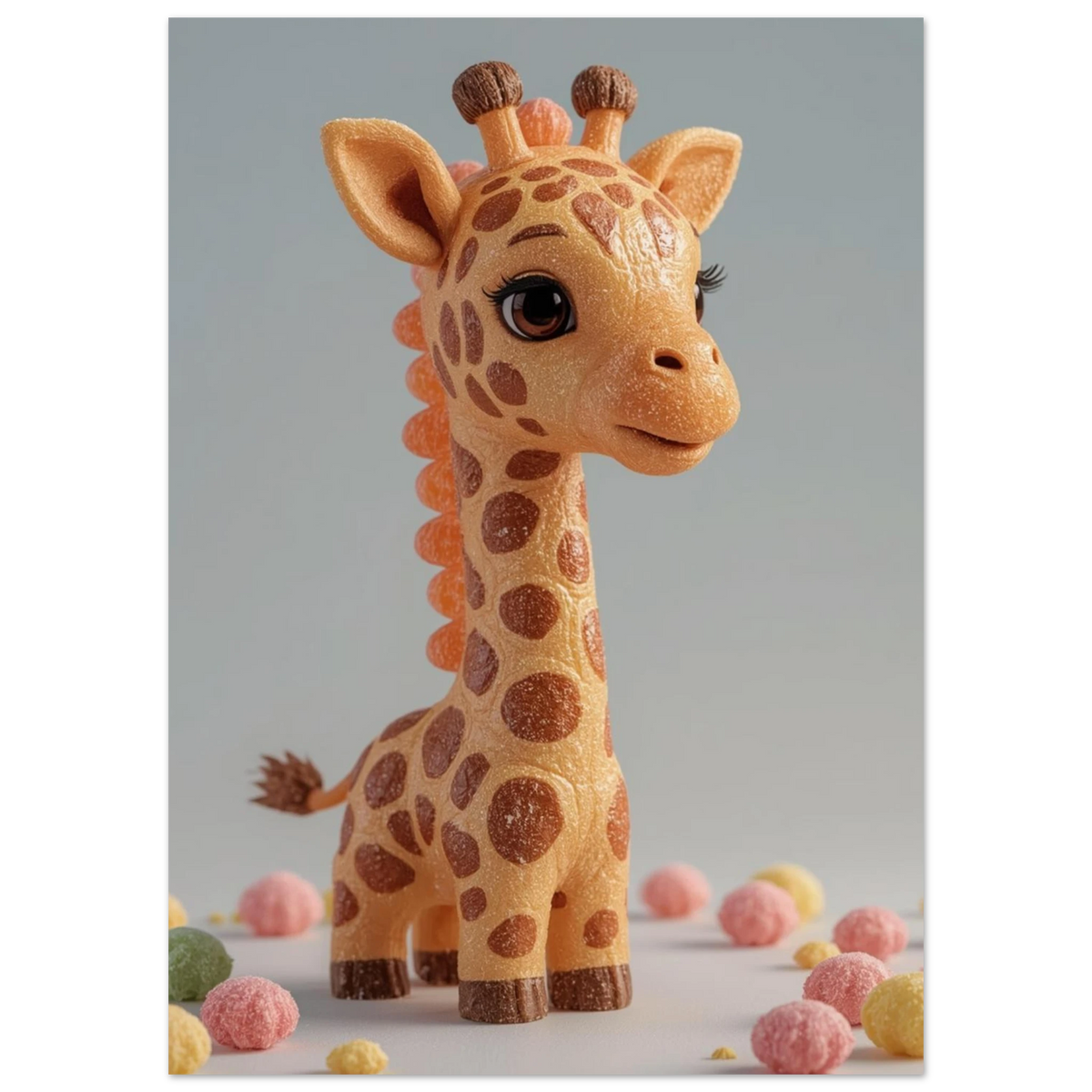 Godisinspirerad girafffigur i 3D-stil med glittrande detaljer och stora ögon