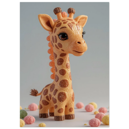 Godisinspirerad girafffigur i 3D-stil med glittrande detaljer och stora ögon
