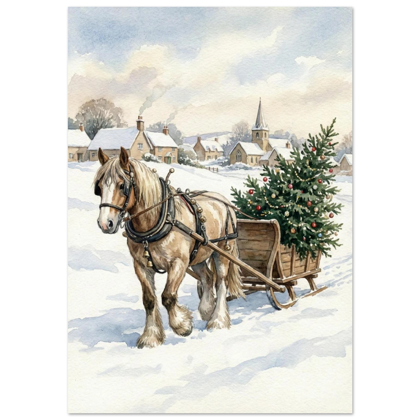 Arbetshäst drar släde med julgran i snöigt akvarellandskap – julmotiv