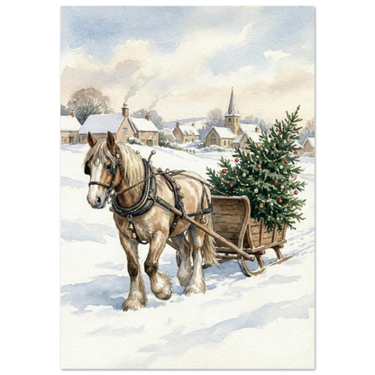 Arbetshäst drar släde med julgran i snöigt akvarellandskap – julmotiv
