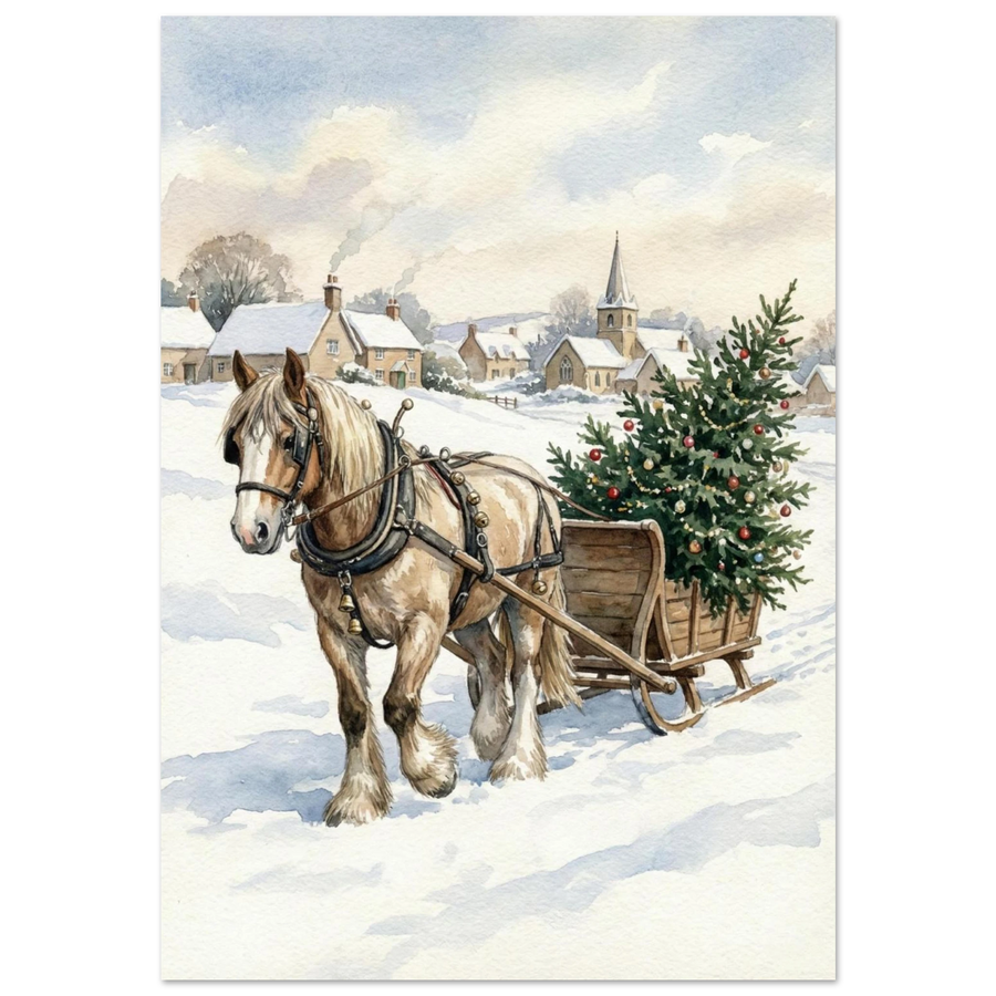 Arbetshäst drar släde med julgran i snöigt akvarellandskap – julmotiv