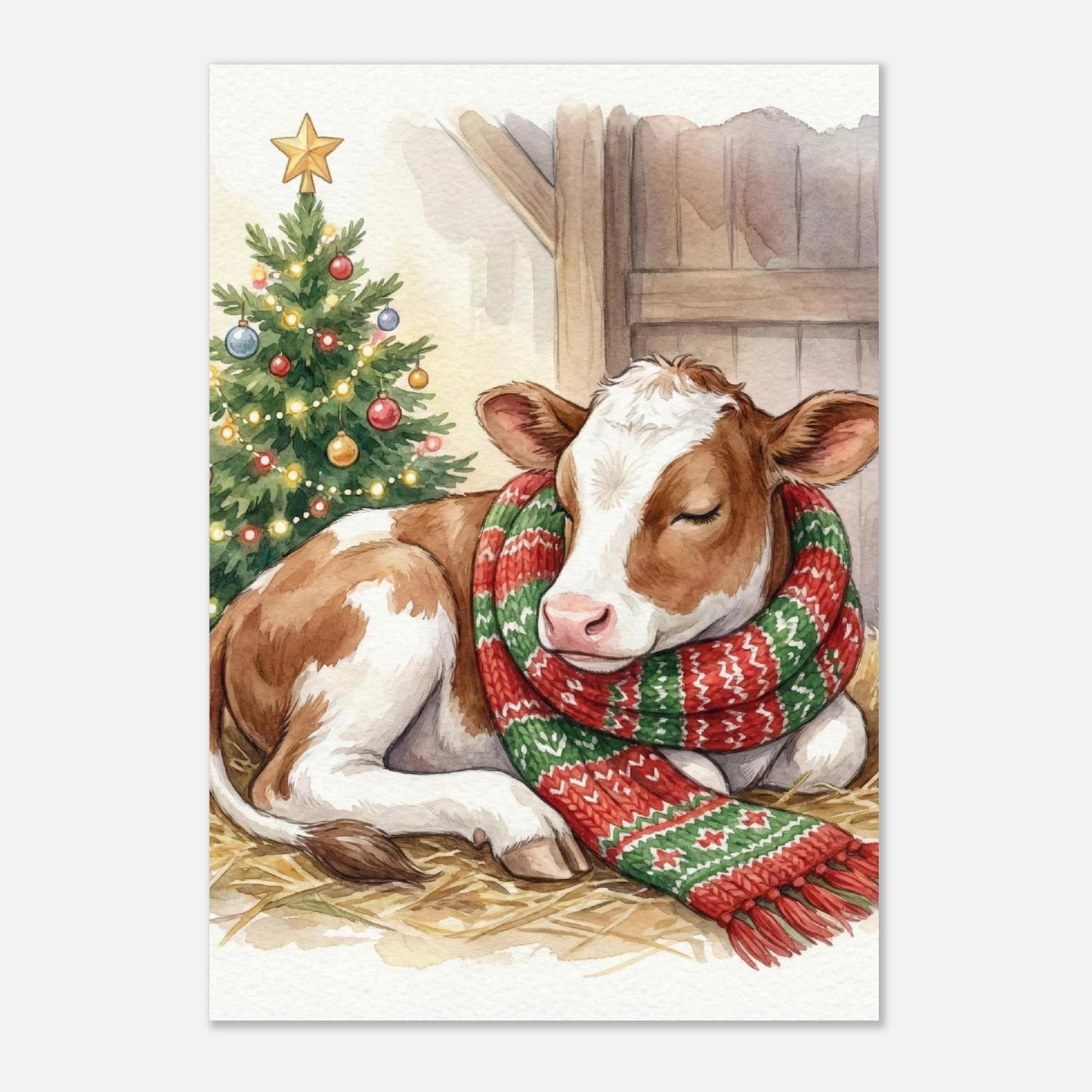 Illustration av en fridfull julkalv på halmbädd – stämningsfull poster