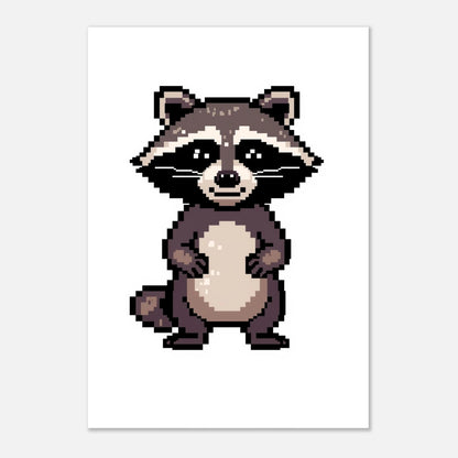 Minimalistisk pixelgrafik av en stående tvättbjörn med svarta ögonmasker