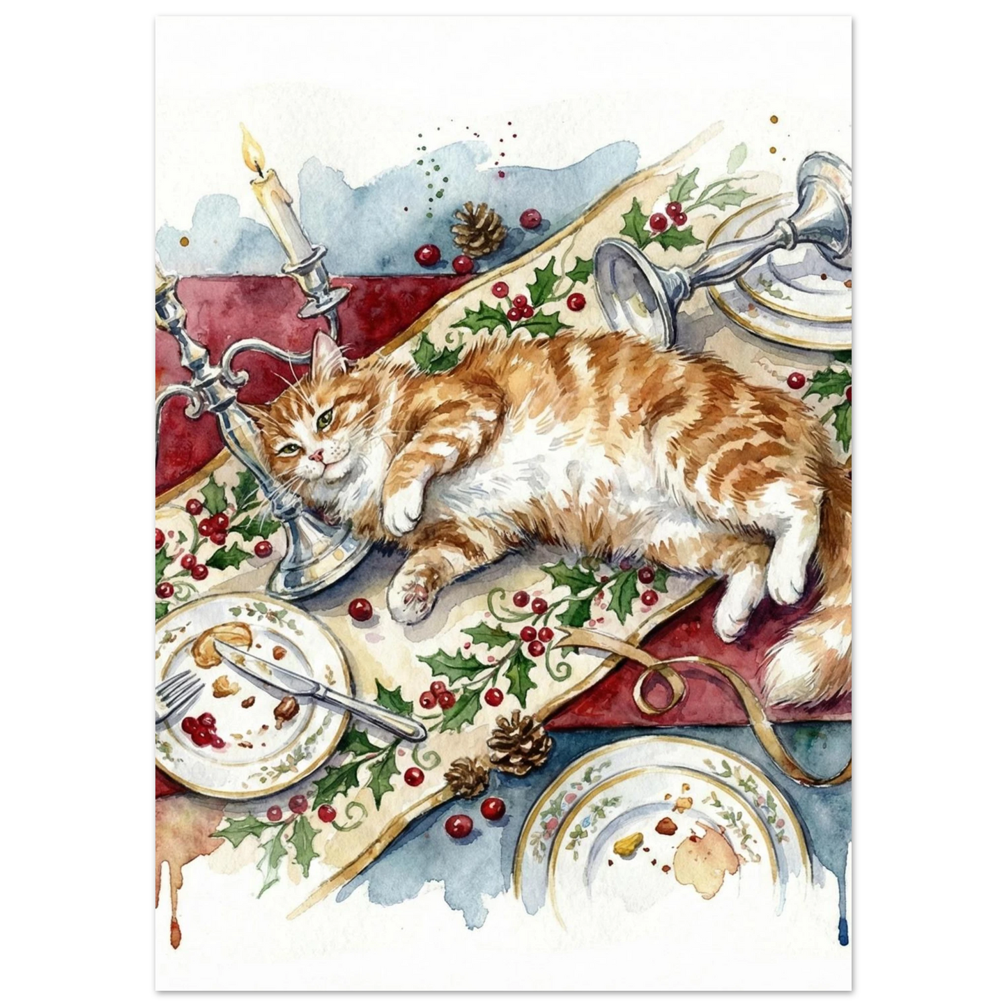 Akvarellposter av en mätt katt på festligt dukat bord med järnek