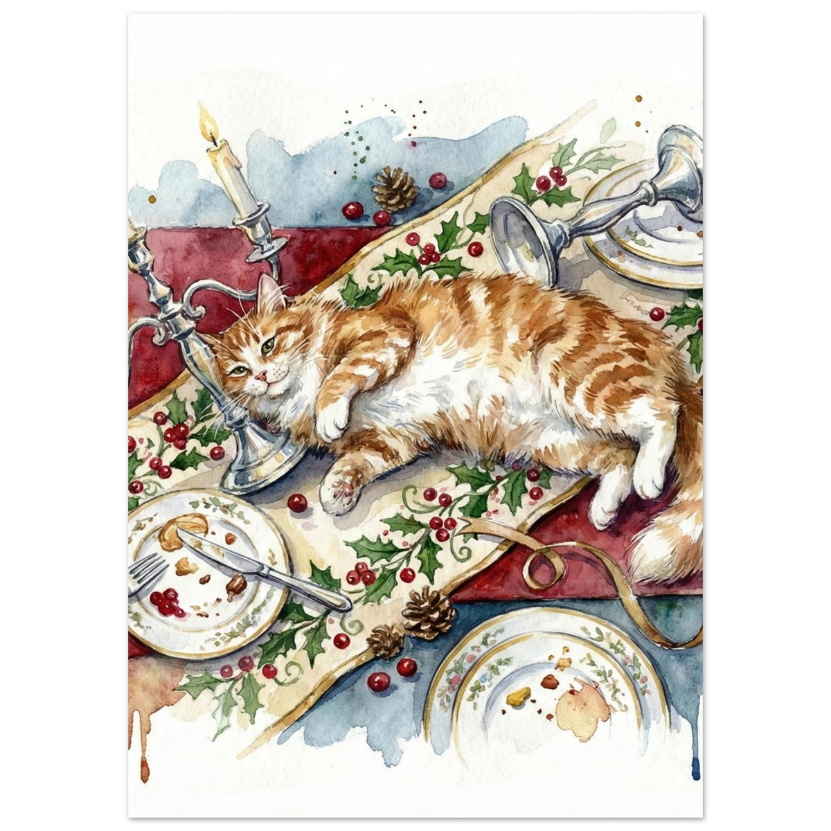 Akvarellposter av en mätt katt på festligt dukat bord med järnek