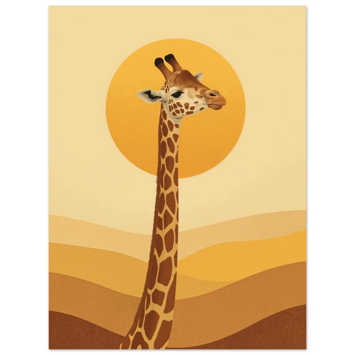Minimalistisk giraffmålning med böljande sanddyner och en cirkulär sol i bakgrunden