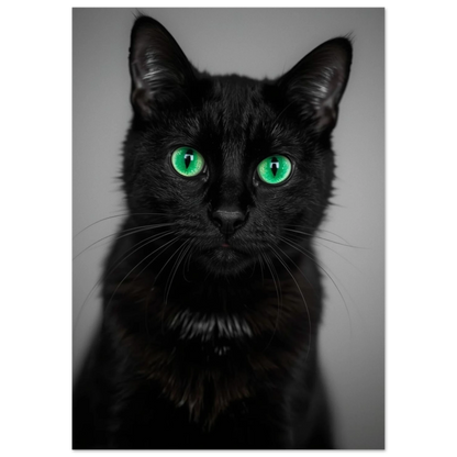 Svart katt med hypnotisk blick och grön iris – Fotorealistisk poster