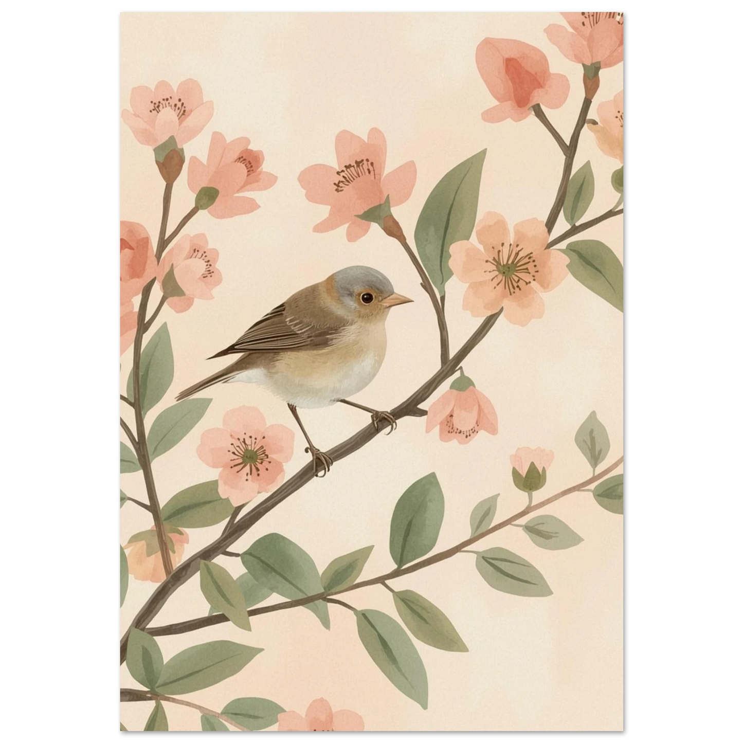 Liten brun fågel på gren med persikofärgade blommor – akvarellposter