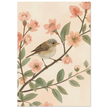 Liten brun fågel på gren med persikofärgade blommor – akvarellposter