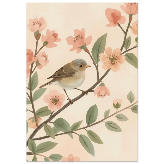 Liten brun fågel på gren med persikofärgade blommor – akvarellposter