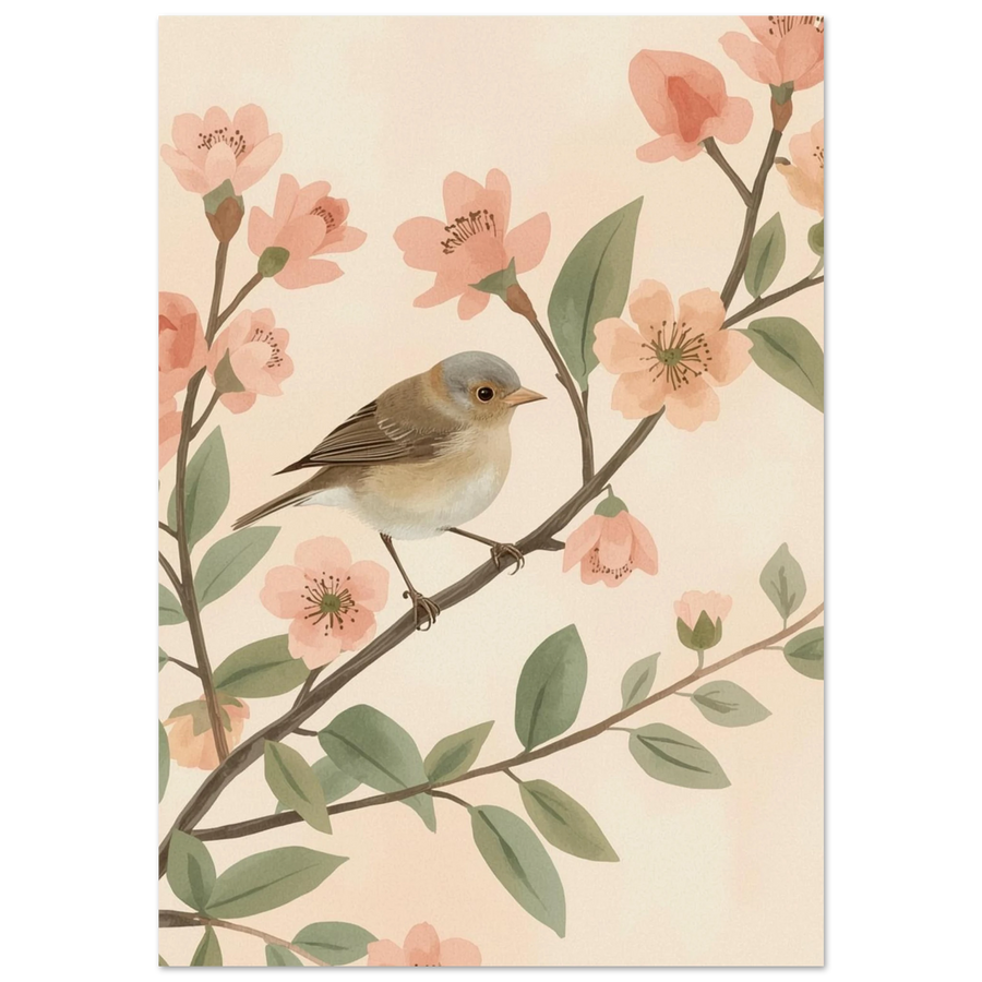 Liten brun fågel på gren med persikofärgade blommor – akvarellposter