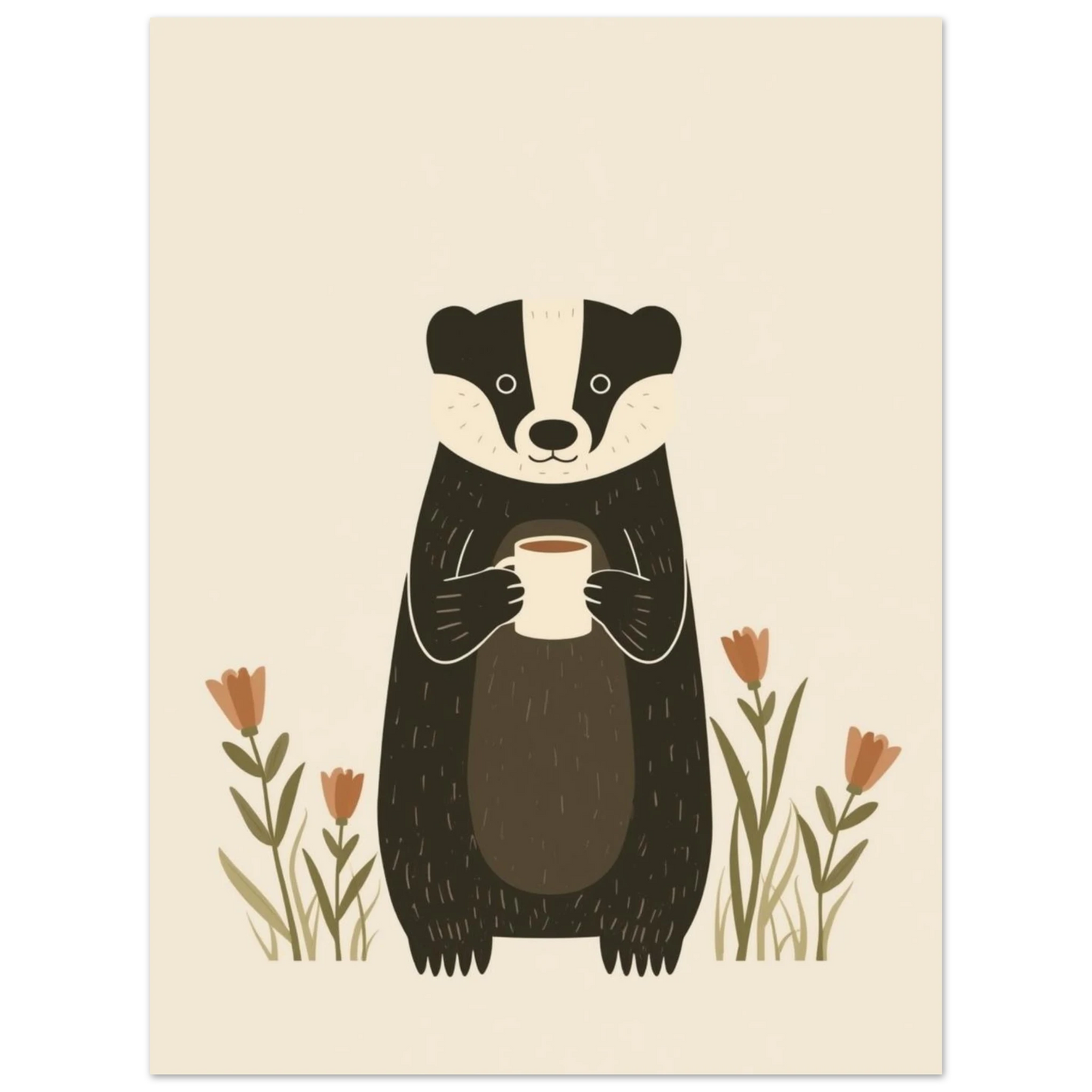 Tecknad grävling stående mittemot med kaffekopp, detalj av blommor – Tecknad poster