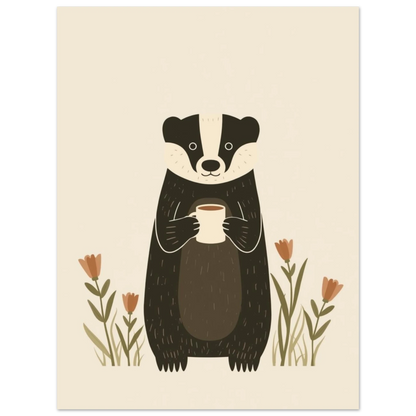 Tecknad grävling stående mittemot med kaffekopp, detalj av blommor – Tecknad poster