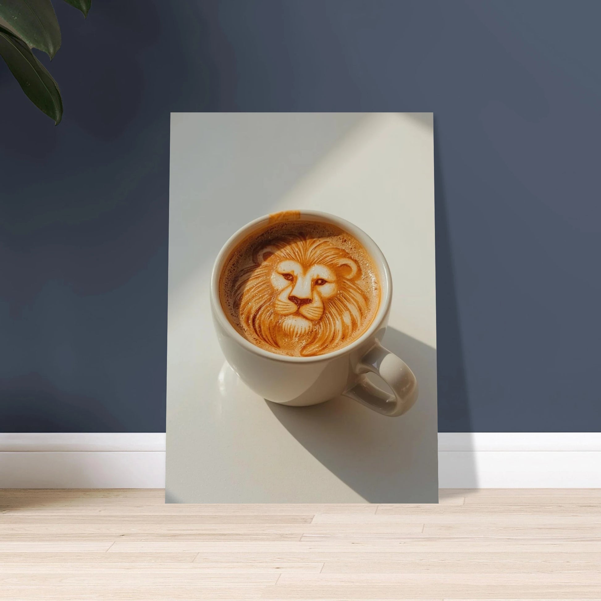 Lejonmotiv i kaffekonst, kreativ latte art i en kopp