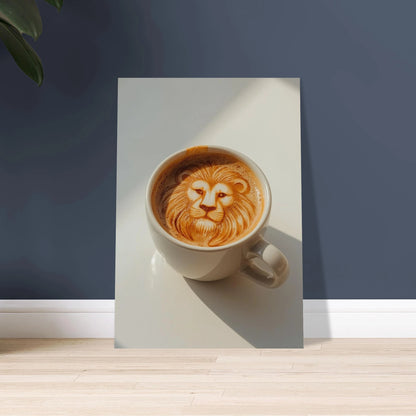 Lejonmotiv i kaffekonst, kreativ latte art i en kopp