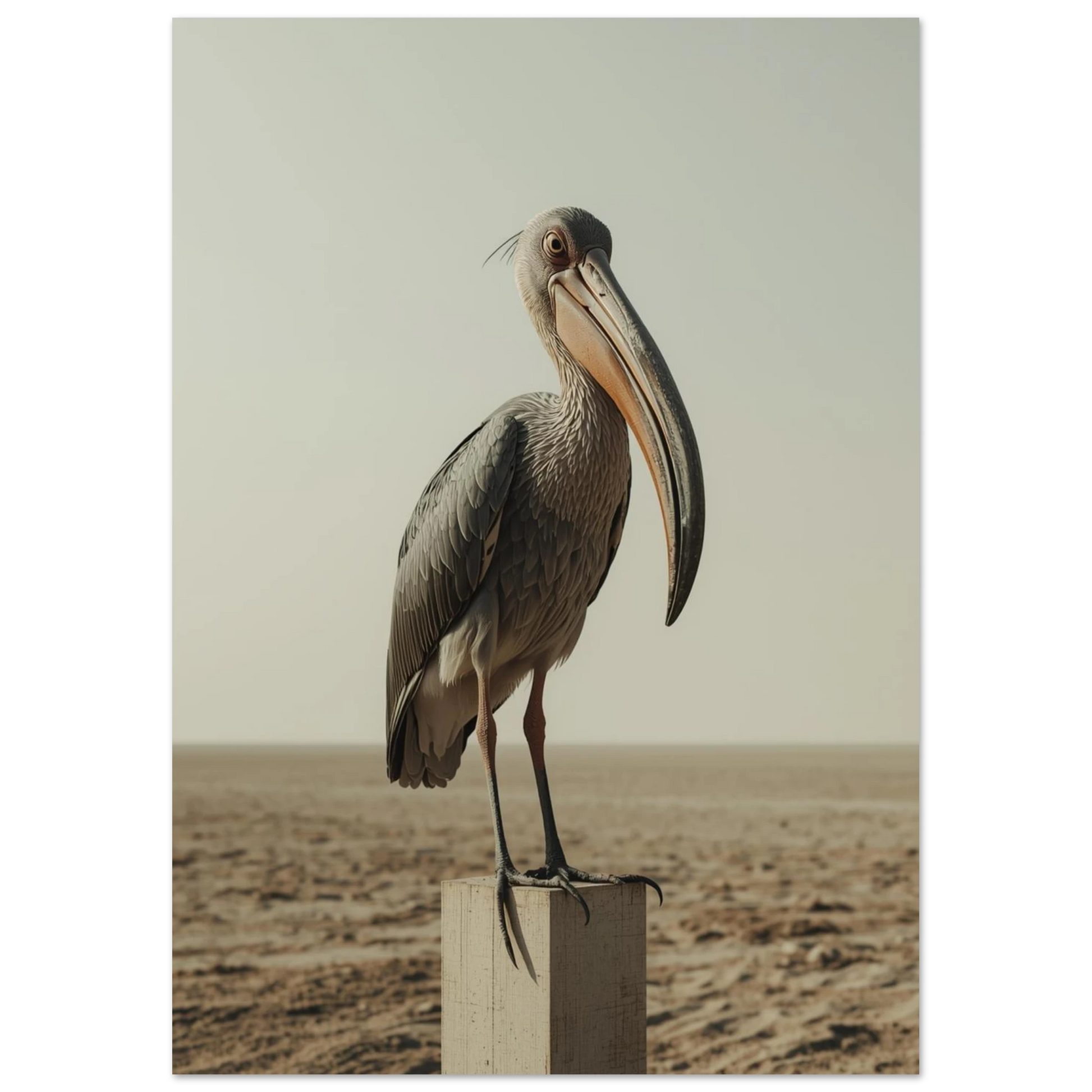 Surrealistisk bild av en Shoebill-fågel i öknen, konstnärligt djurmotiv på pelare