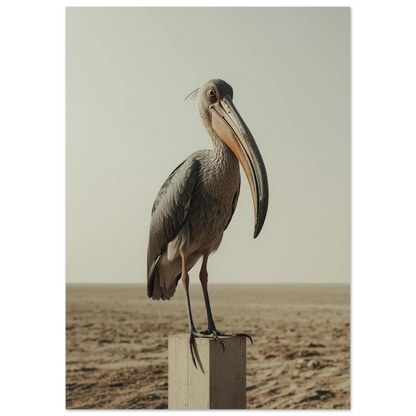 Surrealistisk bild av en Shoebill-fågel i öknen, konstnärligt djurmotiv på pelare