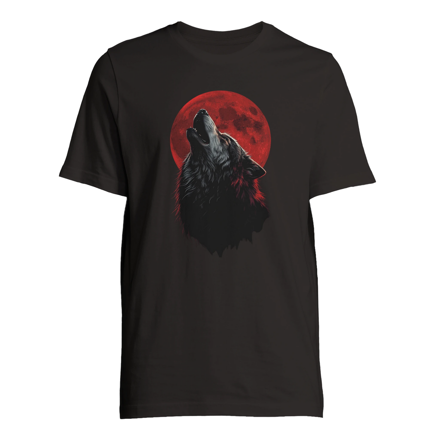 Ylande varg med blodmåne-motiv på svart t-shirt, visad framifrån – Tecknad t-shirt