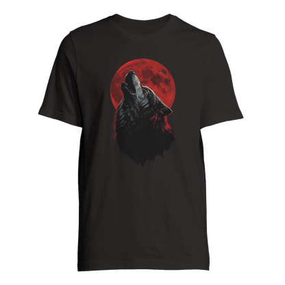Ylande varg med blodmåne-motiv på svart t-shirt, visad framifrån – Tecknad t-shirt