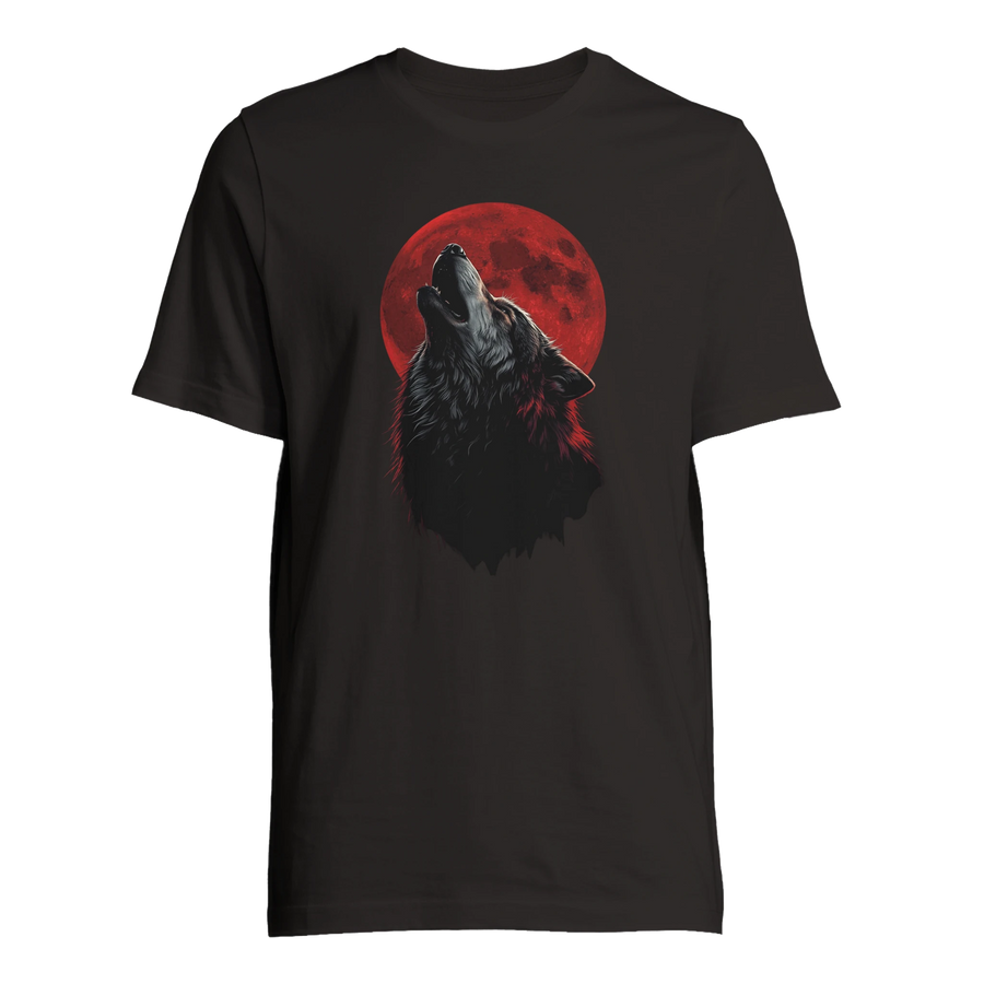 Ylande varg med blodmåne-motiv på svart t-shirt, visad framifrån – Tecknad t-shirt